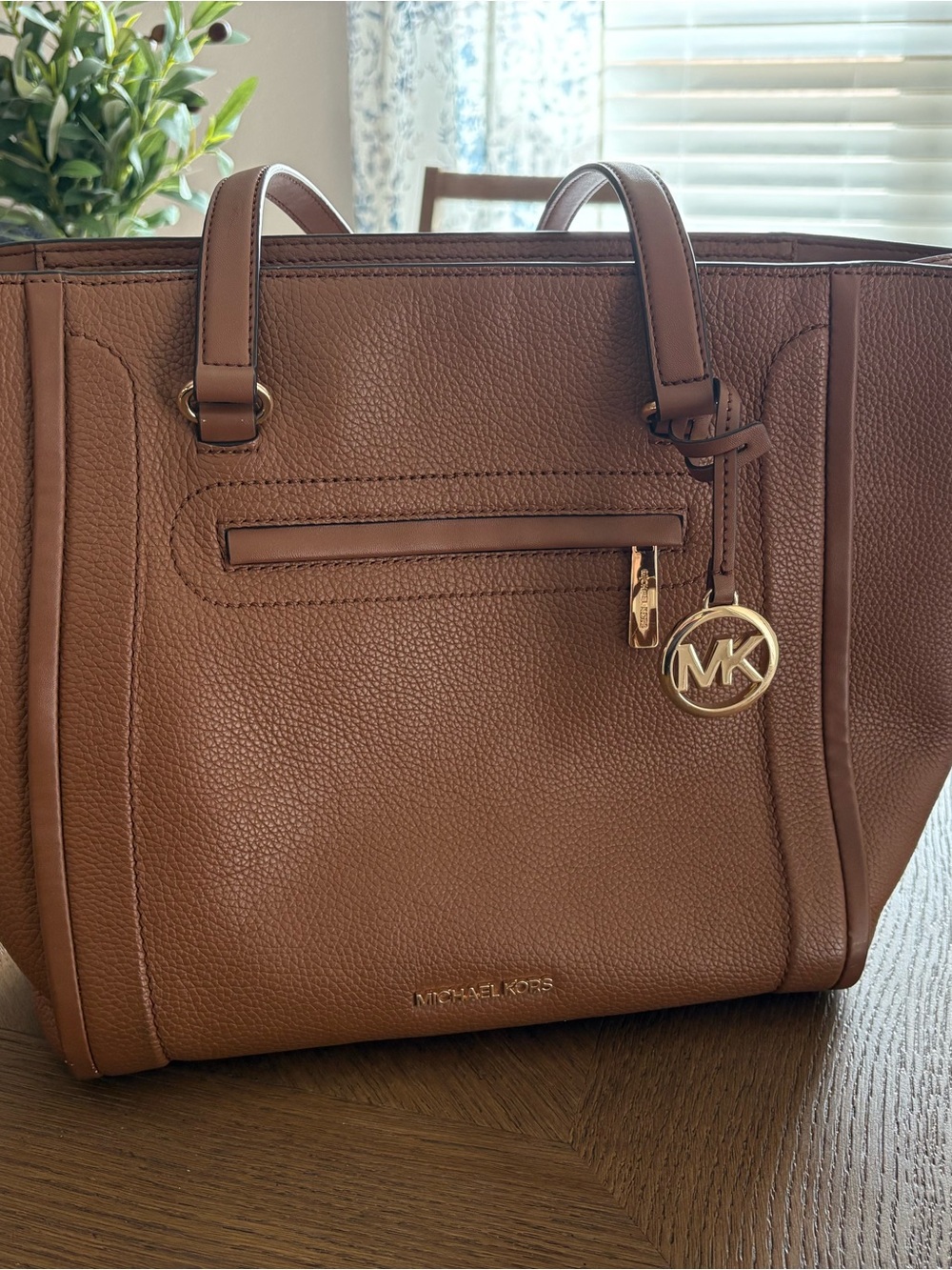 Michael Kors Cognac Pebbled Leather Tote with Gold MK Charm